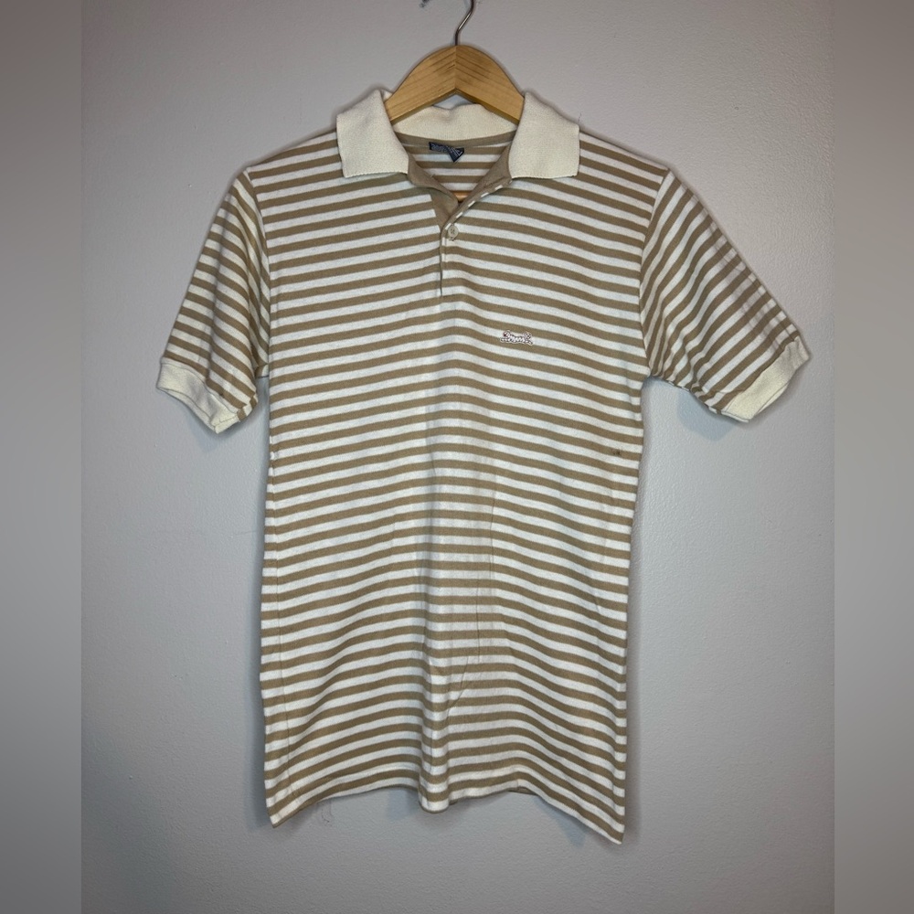 Vintage Le Tigré Striped Polo Shirt Small Tan White‎ Made USA